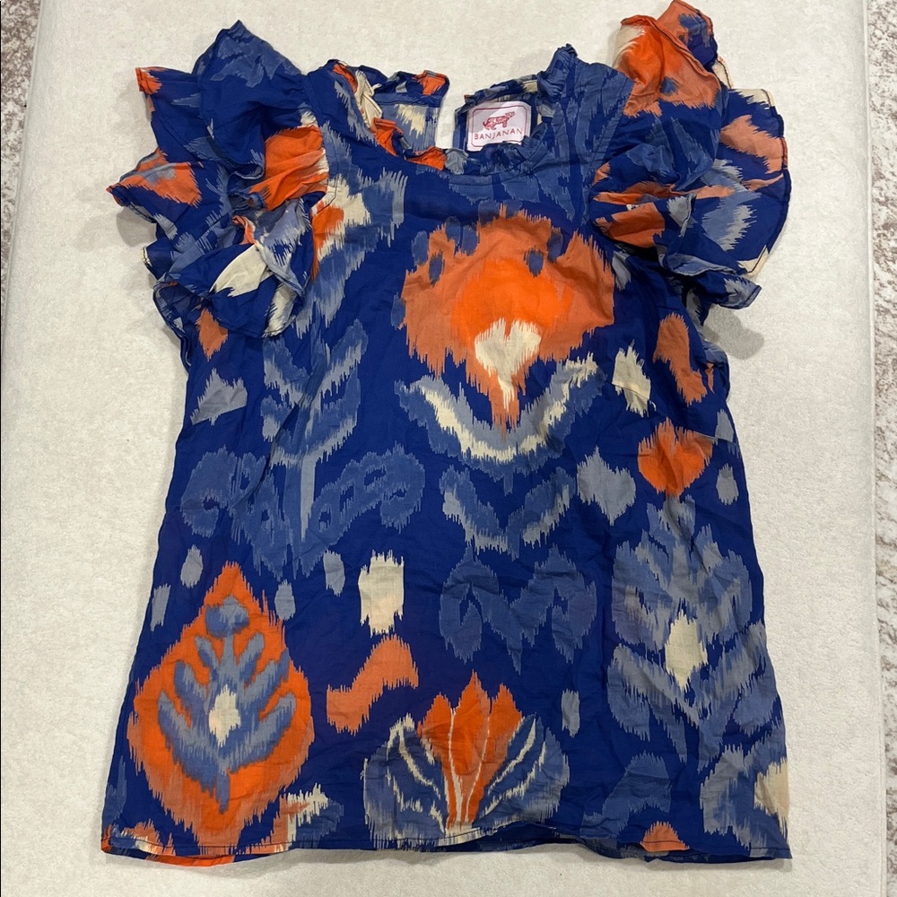 Banjanan Royal Blue Orange Ikat Ruffle Sleeve Blouse